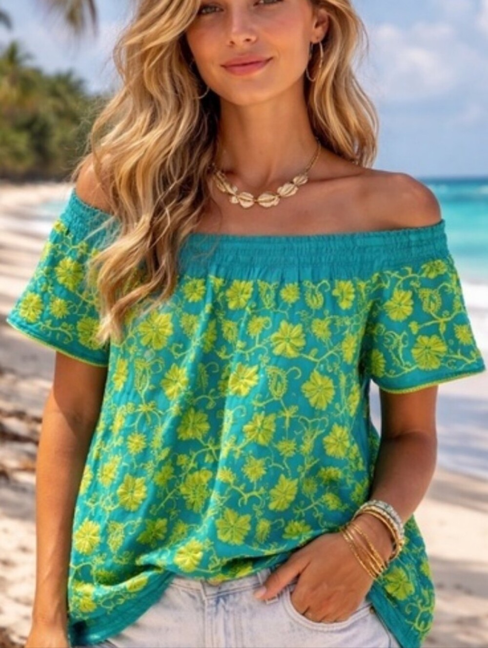 Sister Mary Boho Turquoise Green Embroidered Off-shoulder Claudia Top XL